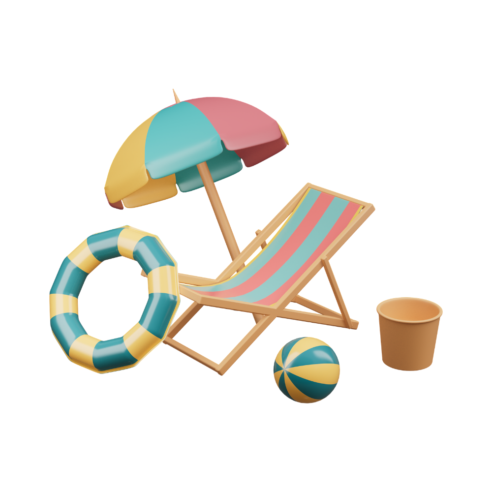 Kółko do pływania, parasol, leżak, piłka i wiaderko.